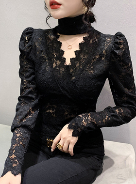 高领打底衫女秋冬欧货性感镂空蕾丝衫女长袖紧身内搭上衣气质小衫