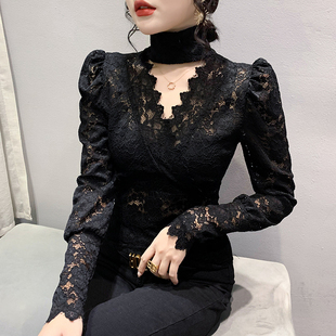 紧身内搭上衣气质小衫 女长袖 女秋冬欧货性感镂空蕾丝衫 高领打底衫