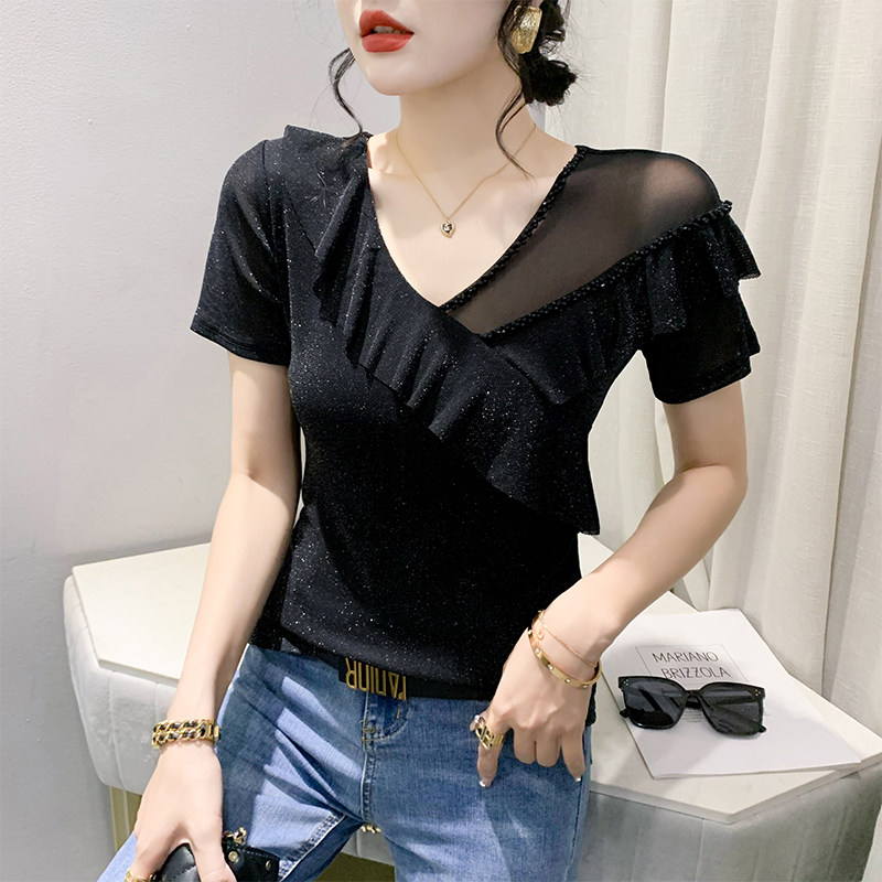 性感v领网纱t恤女短袖夏装欧货洋气设计感荷叶边上衣修身半袖小衫