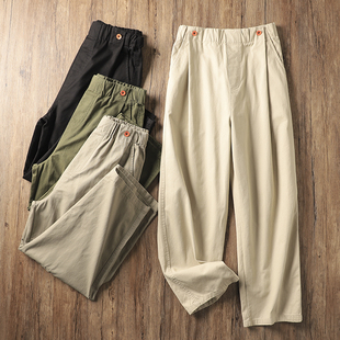 休闲裤 日系全棉水洗复古 宽松打褶慵懒风松紧腰直筒工装 男士 时尚