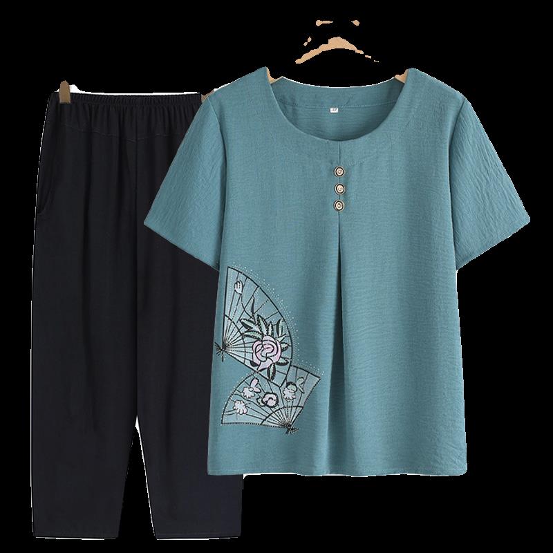 棉绸薄t老太太裤子夏装夏天恤女妈妈衣服大码奶奶老年人套装短袖