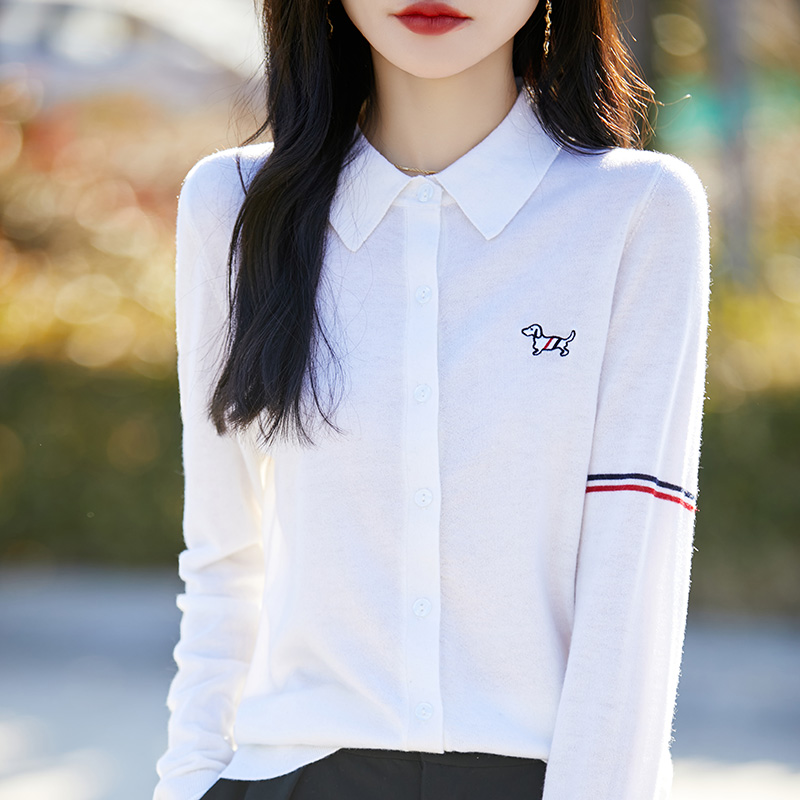 音儿小狗刺绣POLO领针织开衫女2025春秋新款精纺羊毛开衫薄款毛衣