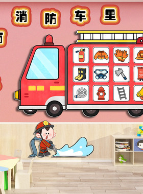 幼儿园益智区环创消防车里有什么消防大作战火警安全报警流程贴画