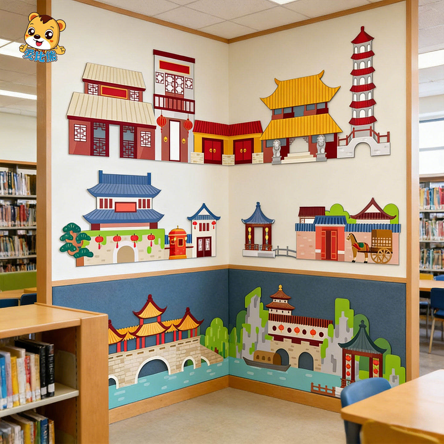 学校幼儿园国潮风主题墙环创布置装饰中国风古代建筑房屋小桥园林
