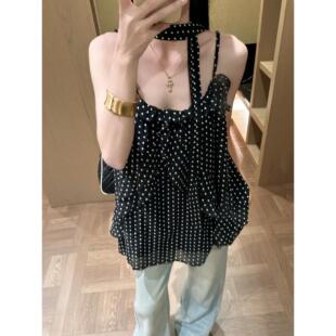 甜酷辣妹豹纹飘带背心吊带女装夏季设计感复古荷叶边宽松无袖上衣