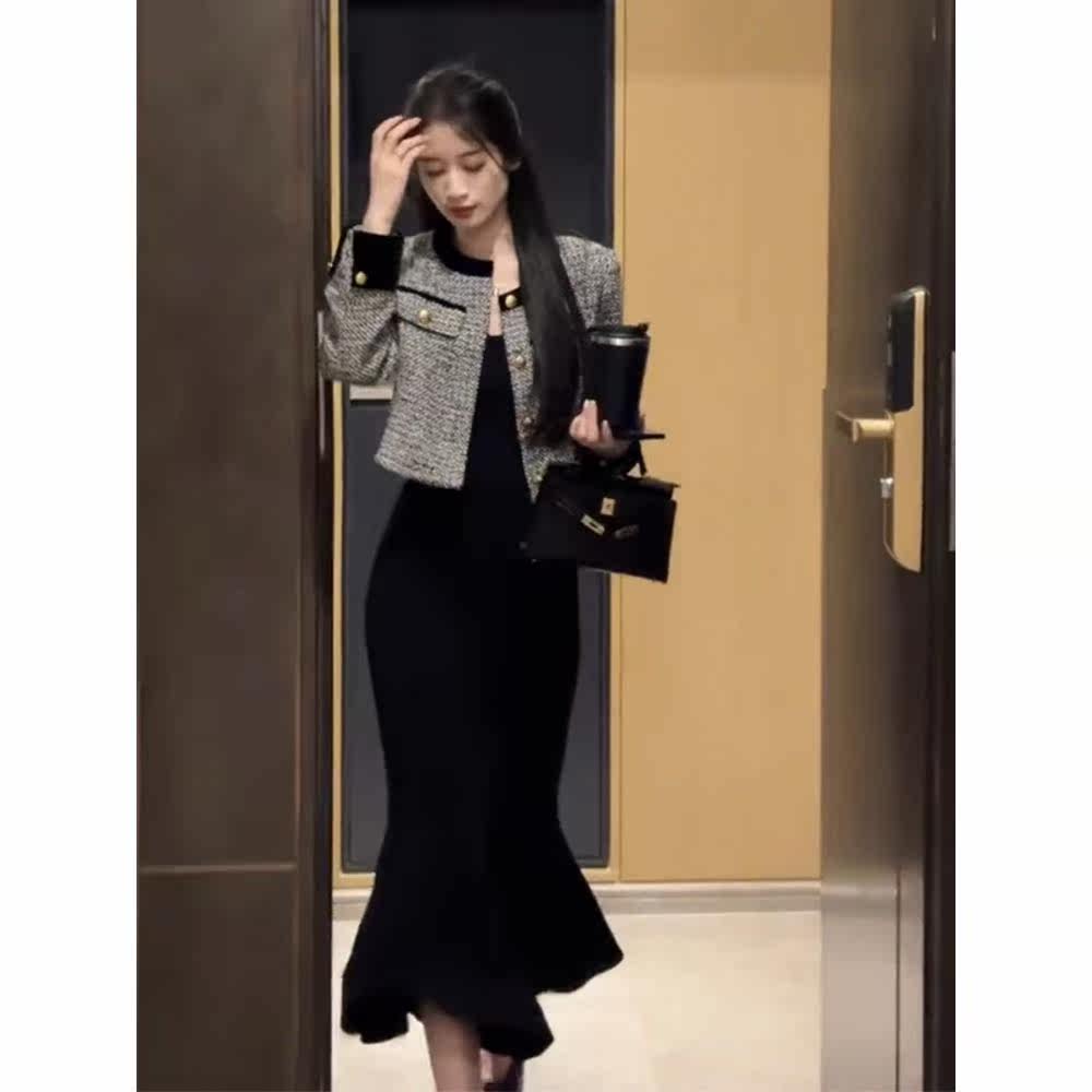 2025秋季新款小香风短外套吊带连衣裙套装女法式气质名媛两件套装,女装/女士精品,时尚套装,淘宝优惠券,粉丝福利购,淘宝优惠卷