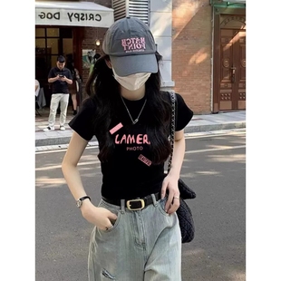 夏季 減齡印花修身 短袖 短款 正肩辣妹上衣ins T恤女2024新款 黑色美式
