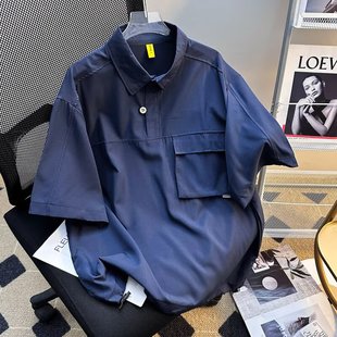日系复古工装 男潮牌ins宽松痞帅拼接口袋情侣翻领t恤 polo领短袖 衫