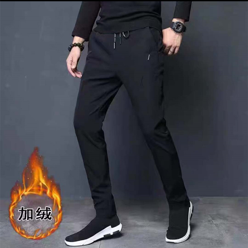 Medium thickness autumn winter Plush warm casual pants men's slim Pants Large slim elastic pants