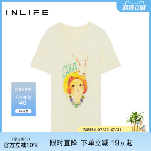 伊纳芙纯棉正肩短袖 印花宽松休闲百搭上衣 t恤女夏季 独特别致时尚
