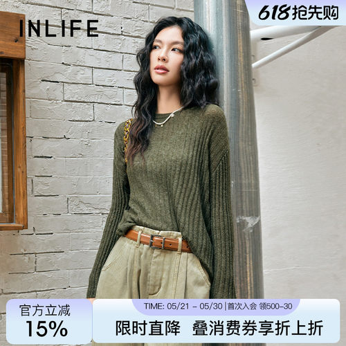 伊纳芙复古慵懒风圆领长袖毛衣