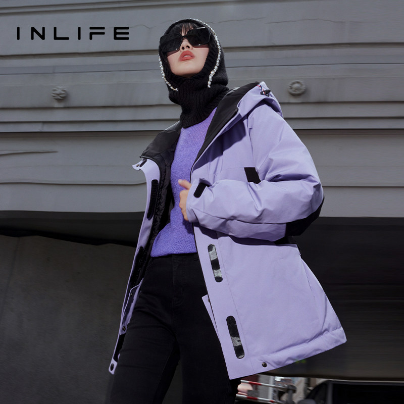 inlife防风工装派克服女装冬季新款时尚白鸭绒加厚羽绒服保暖外套