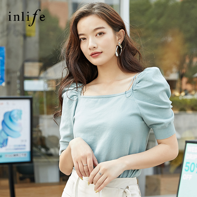 inlife气质薄款短袖方领针织衫女