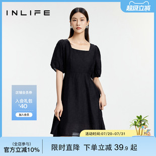 伊纳芙法式 连衣裙收腰显瘦裙子 方领赫本小黑裙女夏季 蝴蝶结泡泡袖