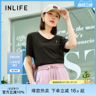 宽松休闲体恤上衣 伊纳芙纯棉正肩圆领短袖 T恤女2025夏季 新款 时尚