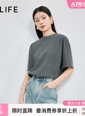 伊纳芙圆领纯棉短袖T恤女2026夏季新款时尚气质宽松休闲灰色上衣