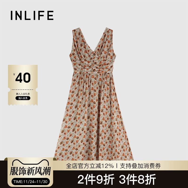 伊纳芙法式复古v领吊带连衣裙