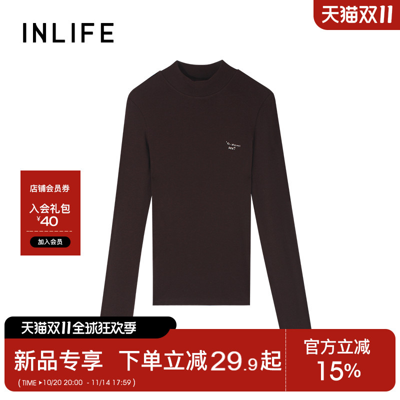 伊纳芙半高领字母长袖T恤