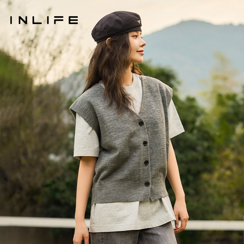 inlife灰色v领针织马甲背心