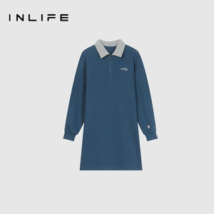 伊纳芙拼接休闲宽松连衣裙女2026春季新款polo领韩版长袖卫衣裙