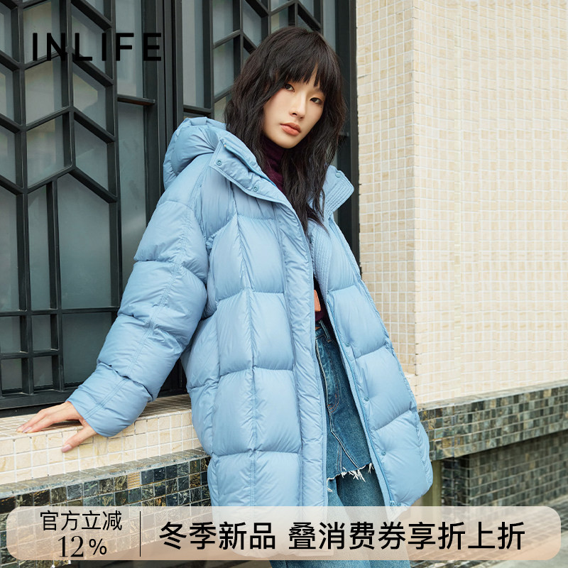 伊纳芙时尚休闲连帽中长款羽绒服女冬季新款宽松加厚保暖防寒外套