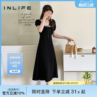 伊纳芙赫本风高级感黑色蕾丝方领连衣裙女夏复古优雅气质显瘦长裙
