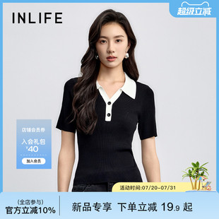 显瘦正肩短袖 伊纳芙高级气质polo领针织衫 修身 女2025秋季 T恤 新款