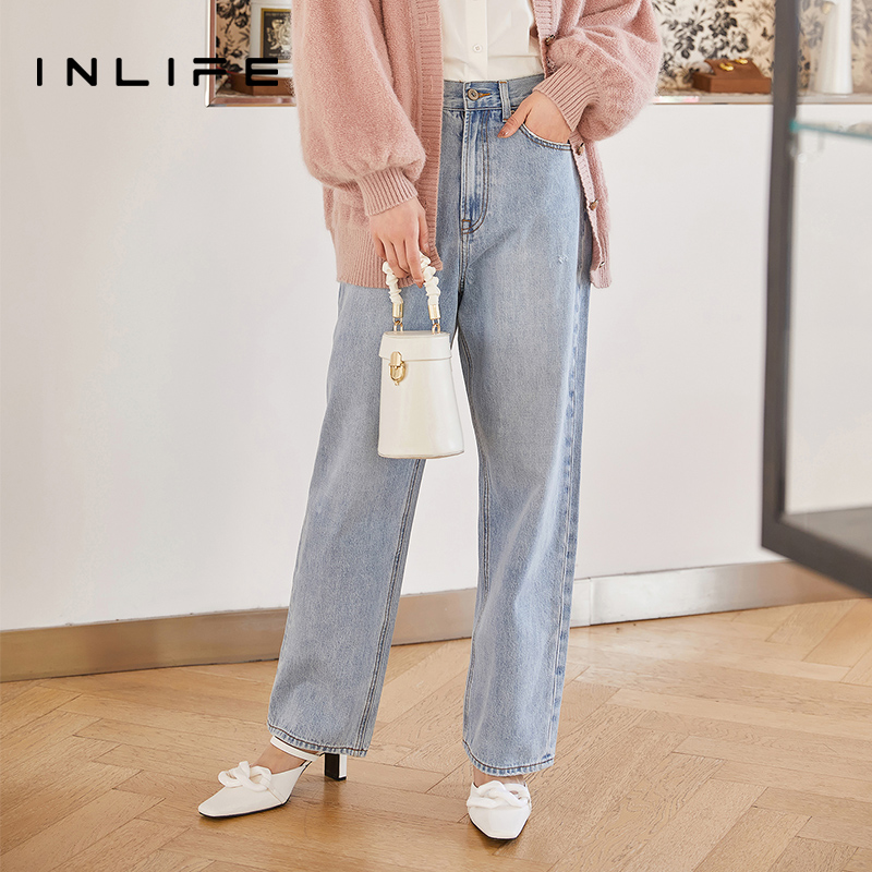 宽松显瘦牛仔裤春inlife直筒长裤
