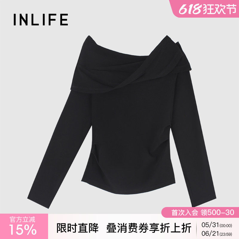 伊纳芙法式气质一字肩长袖毛衫女秋季新款露肩收腰显瘦针织衫上衣