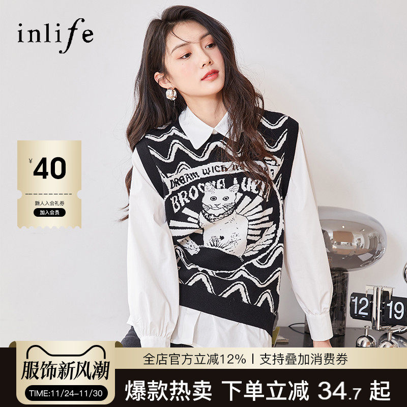 inlife假两件拼接衬衫宽松设计感