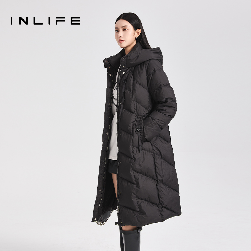 inlife过膝连帽加厚白鸭绒羽绒服