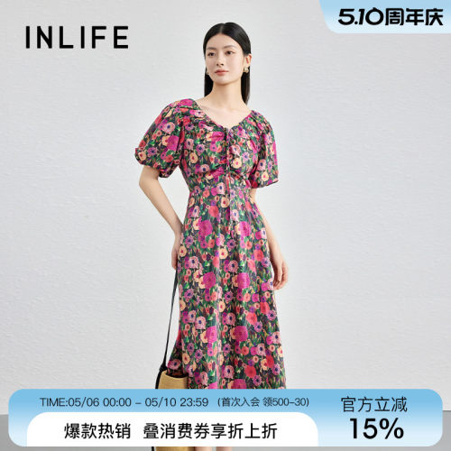 伊纳芙法式v领印花连衣裙