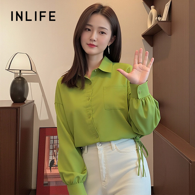 inlife抽绳收腰短款长袖衬衫