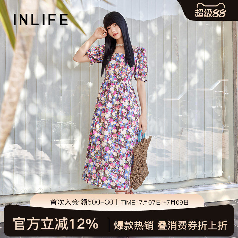 伊纳芙法式方领碎花连衣裙女夏季新款海边度假气质泡泡袖收腰长裙