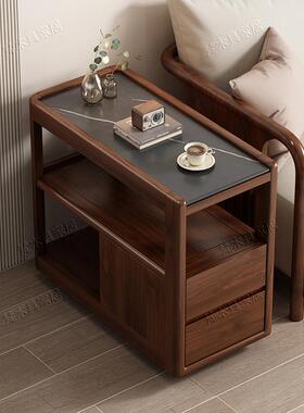 北美黑胡桃木沙发边柜小户型岩板边几客厅带轮可移动小茶几侧边柜