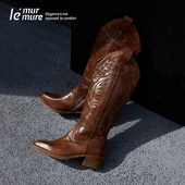 小方头西部靴及膝高靴 意大利原胚重工刺绣水洗马皮 Murmure