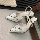 蝴蝶结细跟凉鞋 春夏新款 女一字带后空高跟鞋 波点尖头包头凉鞋 法式