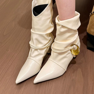 尖头短靴女2025秋冬季新款女靴细跟靴子中筒靴高跟鞋马丁靴瘦瘦靴