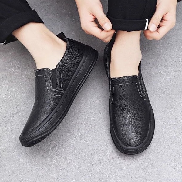 2025春季皮面防水休闲一脚蹬男鞋软底软绵防滑耐磨厚底爸爸鞋皮鞋