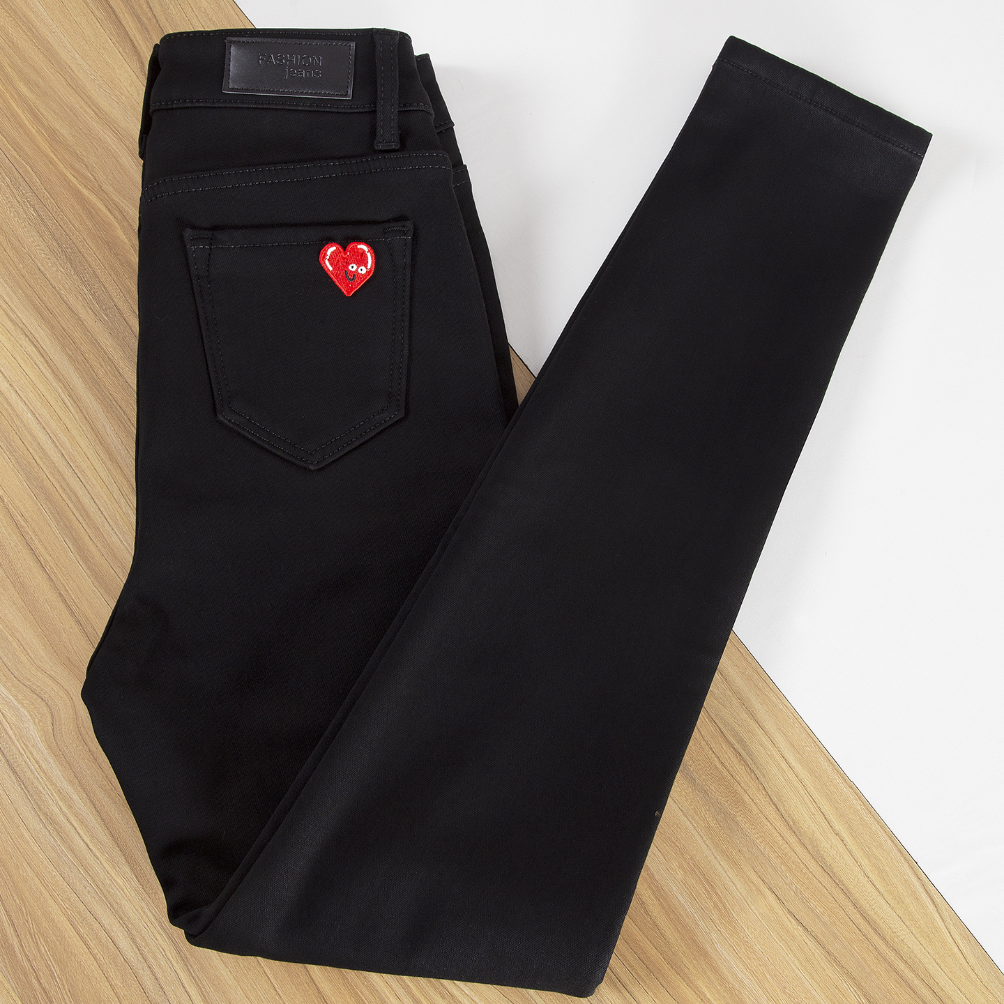 刺绣高腰紧身显瘦加绒牛仔铅笔裤