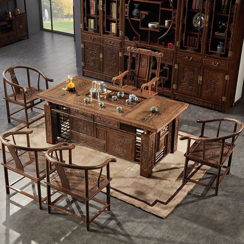 红木鸡翅木茶桌椅组合多功能茶桌茶台整装实木新中式功夫茶几家具