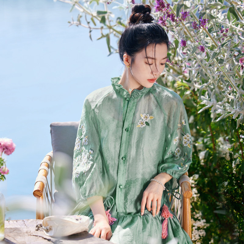 花制作/新中式/衣襟带花/原创民族风刺绣套装女衬衫半身裙两件套_虎窝淘
