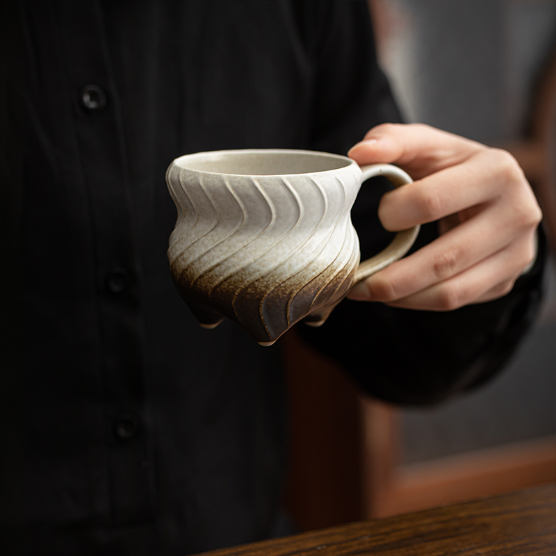 复古粗陶马克杯创意陶瓷水杯手工窑变艺术杯子釉下彩280ml咖啡杯