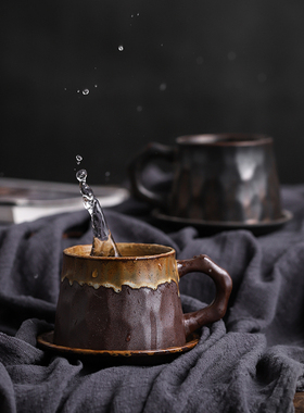 粗陶手冲咖啡杯手工日式杯碟套装复古家用艺术杯创意简约陶瓷水杯