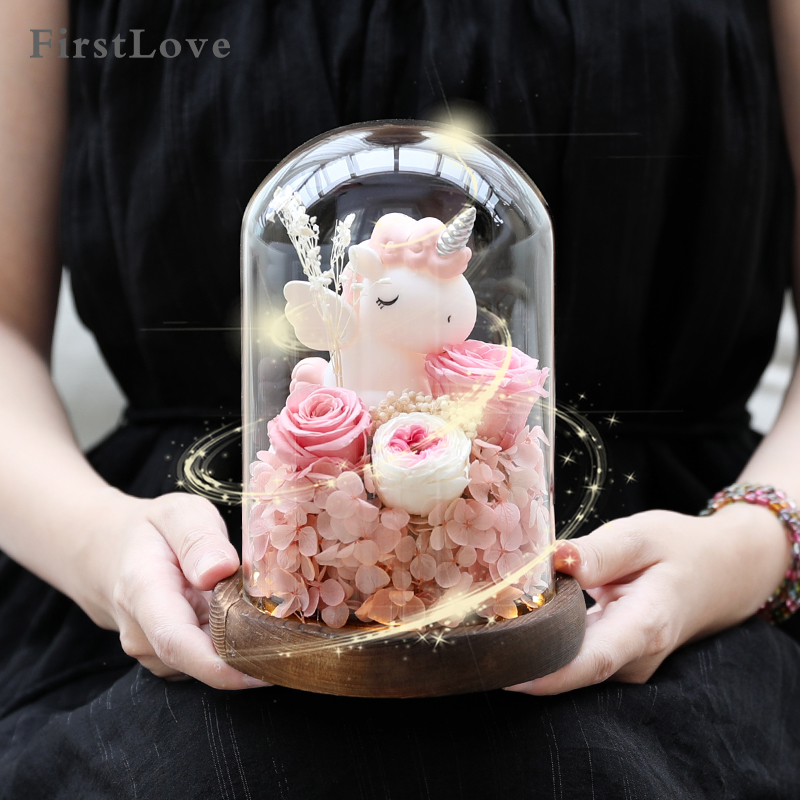 永生玫瑰花独角兽干花玻璃罩520情人节告白熊礼盒送女友生日礼物