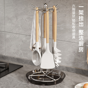 厨房旋转刀架置物架家用台面加高不锈钢厨具架锅铲勺挂钩收纳架子