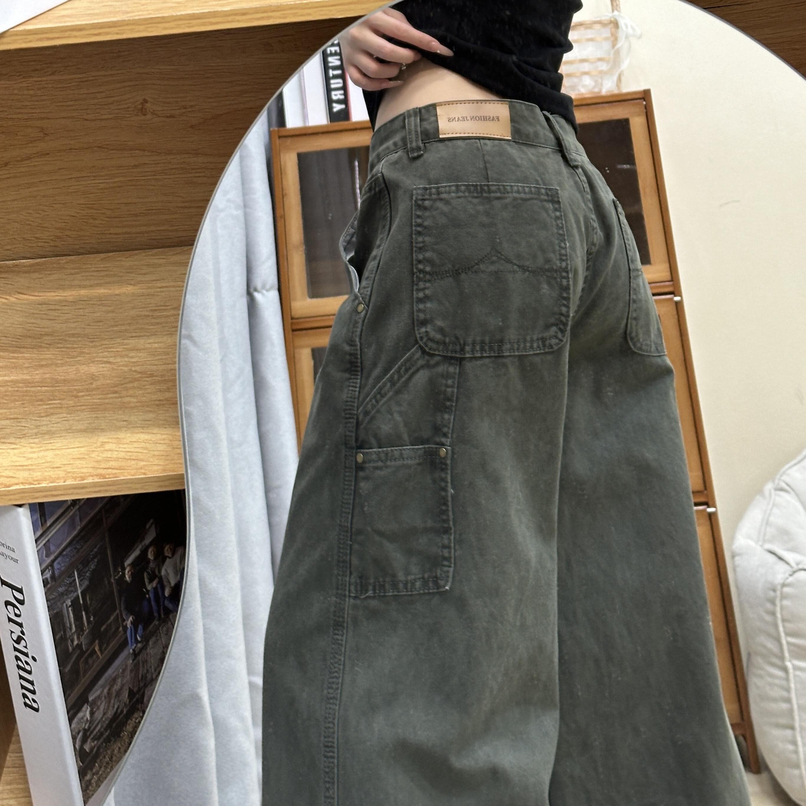 军绿色阔腿工装牛仔裤女大码显瘦