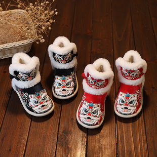 手工女童汉服绣花鞋虎头筒靴加绒冬款新中式古装加厚唐装古拜年鞋