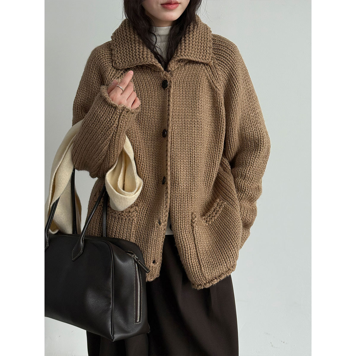 Luxe秋冬慵懒粗织宽松休闲纯色针织开衫女新款保暖翻领外套ss892