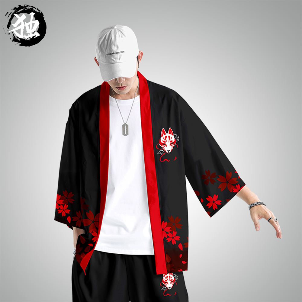 潮牌道袍狐狸面具古风和服狐妖彩绘羽织套装七分袖开衫防晒服外套